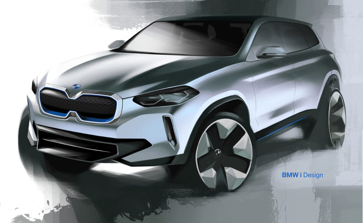 Concept drawing shows styling ideas for a BMW i electric SUV.