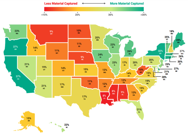 State-by-State Residential Recycling Rates. Courtesy of State of Recycling: The Present and Future of Residential Recycling in the U.S. 2024.