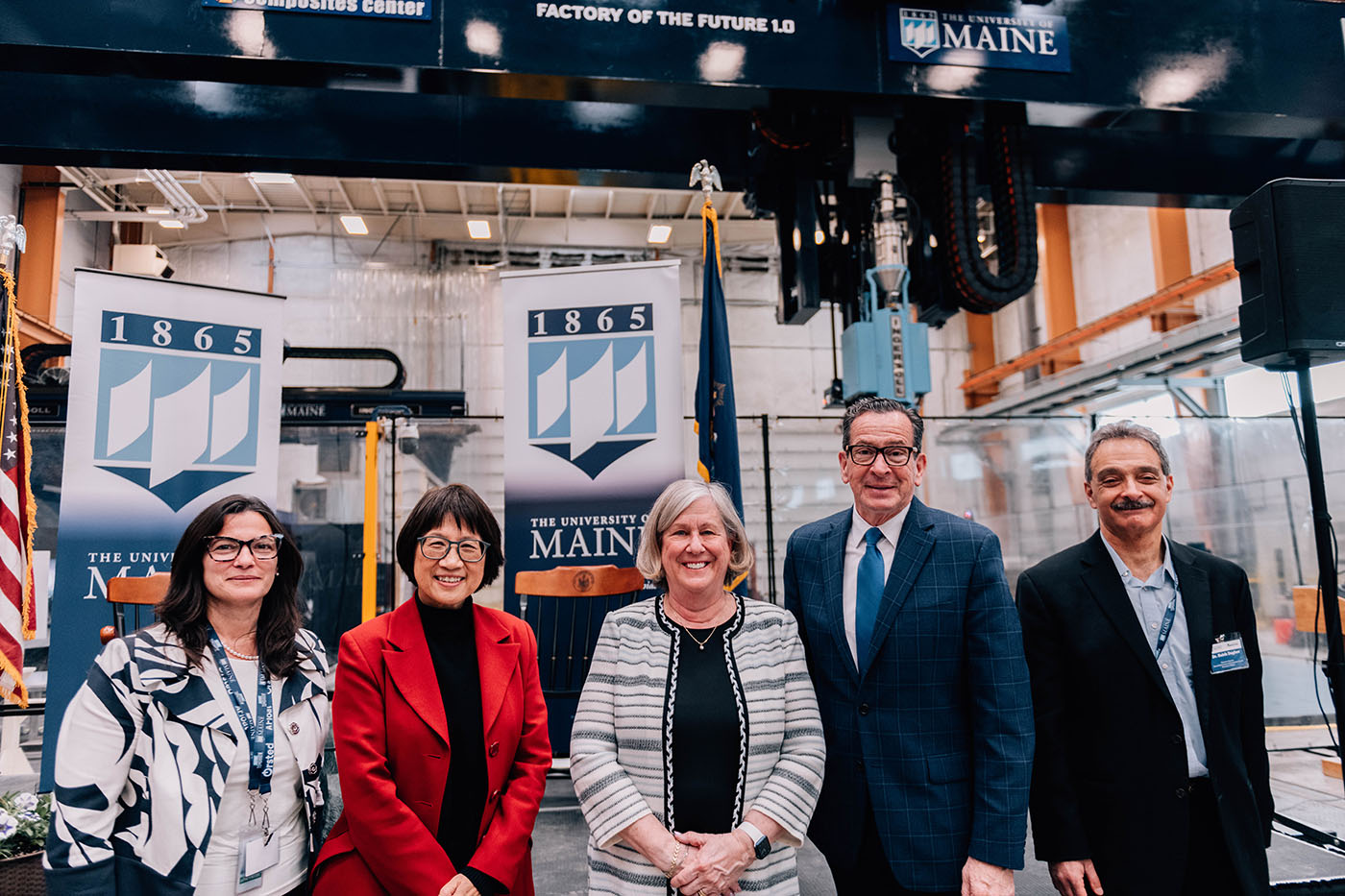 Some key leaders attended the unveiling event. From left to right: Giovanna Guidoboni, Dean, Maine College of Engineering and Computing; Heidi Shyu, Under Secretary of Defense for Research and Engineering; Joan Ferrini-Mundy, President of the University of Maine; Daniel Malloy, Chancellor of the University of Maine System; and Dr. Habib Dagher, ASCC’s Executive Director. 