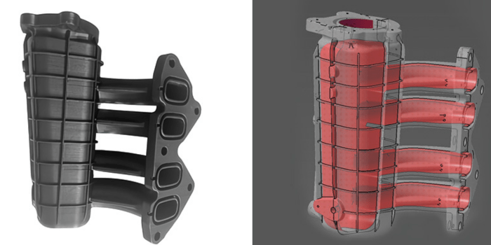 The finished (left) design manifold and the design of the part including the interior (right)