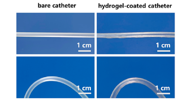 Photographs of a bare PVC catheter and a catheter coated with a hydrogel coating. Courtesy of Fast-polymerized lubricant and antibacterial hydrogel coatings for medical catheters.