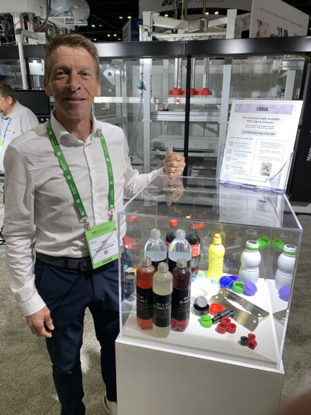 Ueli Kobel, director of PackSys Global’s Slitting Division, at NPE showcased the PET bottle caps that his firm developed jointly with Origin Materials. 