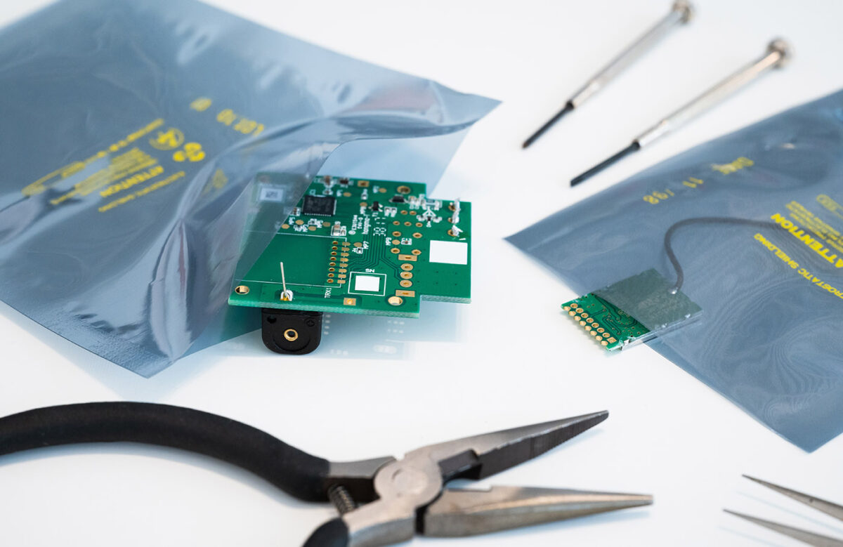 Sensitive electronic components in antistatic ESD packaging.