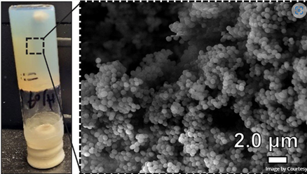 The gel, displayed on the left, eliminates PFAS by trapping the chemicals in naturally formed voids, as depicted in the microscopic image on the right. Courtesy of UMass Lowell University.