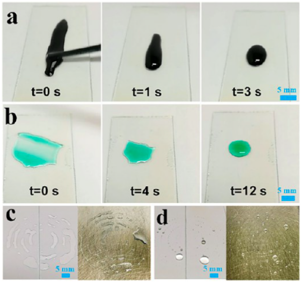 Screenshots show (a) water-based carbon black ink and (b) oil-based epoxy clear coating (viscosity: 250 ± 10 mPa s at room temperature) contracting on the coated surface. (c) Artificial fingerprint liquid spread on uncoated glass slide (left) and tin plate (right) surfaces. (d) Artificial fingerprint liquid beading on coated glass slide (left) and tin plate (right) surfaces. Courtesy of High-Performance Bio-Based Polyurethane Antismudge Coatings Using Castor Oil-Based Hyperbranched Polyol as Superior Cross-Linkers.