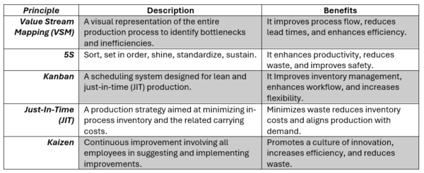 The five most important lean manufacturing principles. Taken from multiple sources, own table design