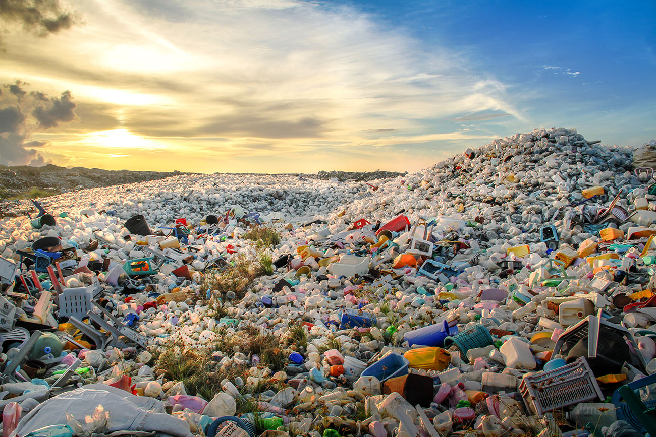 Plastic bottles at a landfill. Many of the items shown here are made from HDPE, which can be recycled using a new process.