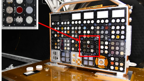 The Comat-designed SESAME module will hold the materials. The University of Bristol samples are shown in the inset image.Centre National d’Etudes Spatiales/Comat