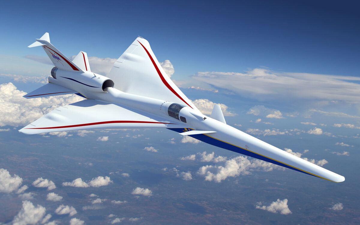 The X-59, a unique experimental aircraft from Lockheed Martin Skunk Works, is part of the Quesst (Quiet Supersonic Technology) mission of U.S. National Aeronautics and Space Administration (NASA) to quiet loud sonic booms. Courtesy of Lockheed Martin / NASA.