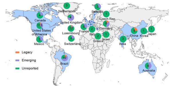 Worldwide distribution of PFAS features using MASST retrospective screening. Courtesy of Science Advances.