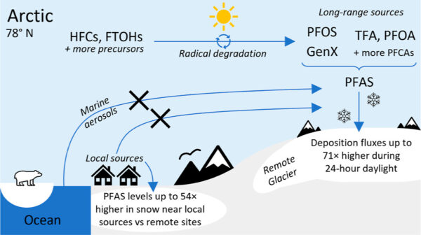 This figure summarizes the local and atmospheric sources of PFAS in the Arctic. Courtesy of Sources and Seasonal Variations of Per- and Polyfluoroalkyl Substances (PFAS) in Surface Snow in the Arctic.