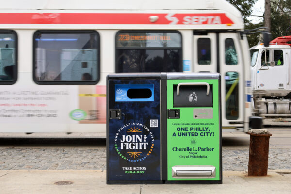 A BigBelly combined litter and recycling receptacle in Philadelphia. Photo by Julienne Smith.